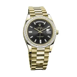 Day-Date 228398TBR-0001 KW Yellow Gold & Diamonds Black Dial Oyster Replica